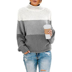 Pull col montant à bandes tricolores gris pour femme