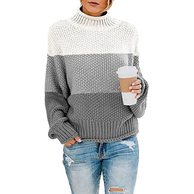 Pull col montant à bandes tricolores gris pour femme