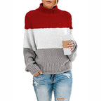 Pull col montant à bandes tricolores rouge pour femme