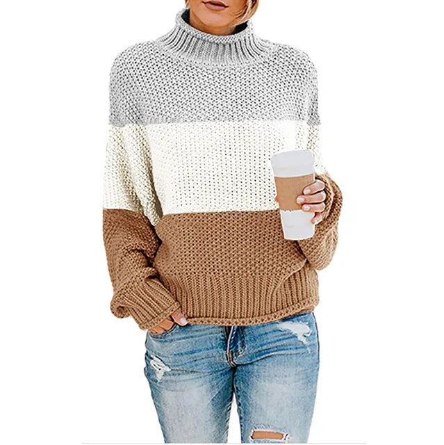 Pull col montant à bandes tricolores camel pour femme