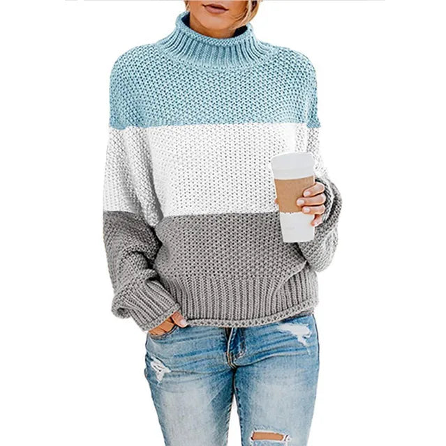 Pull col montant à bandes tricolores bleu pour femme