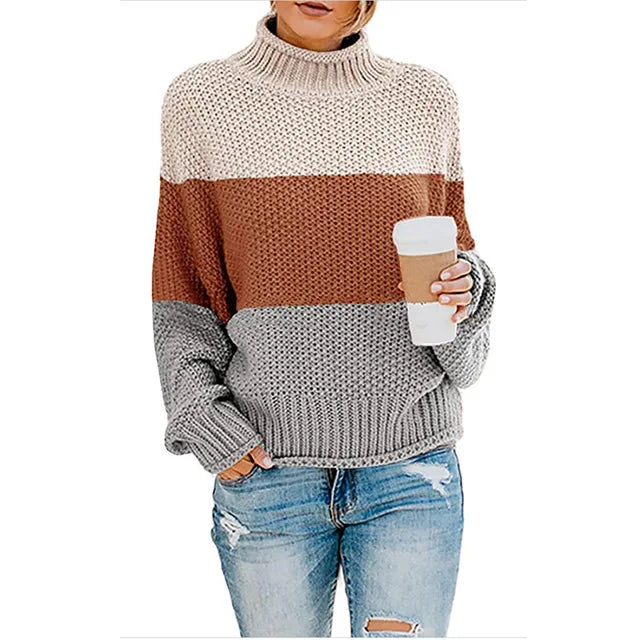 Pull col montant à bandes tricolores caramel pour femme
