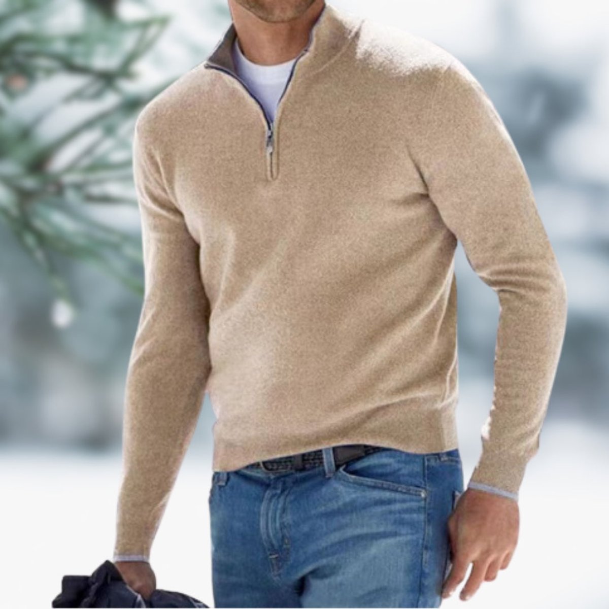 Pull col montant avec zip quart abricot pour homme