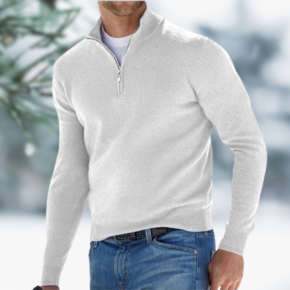 Pull col montant avec zip quart blanc pour homme