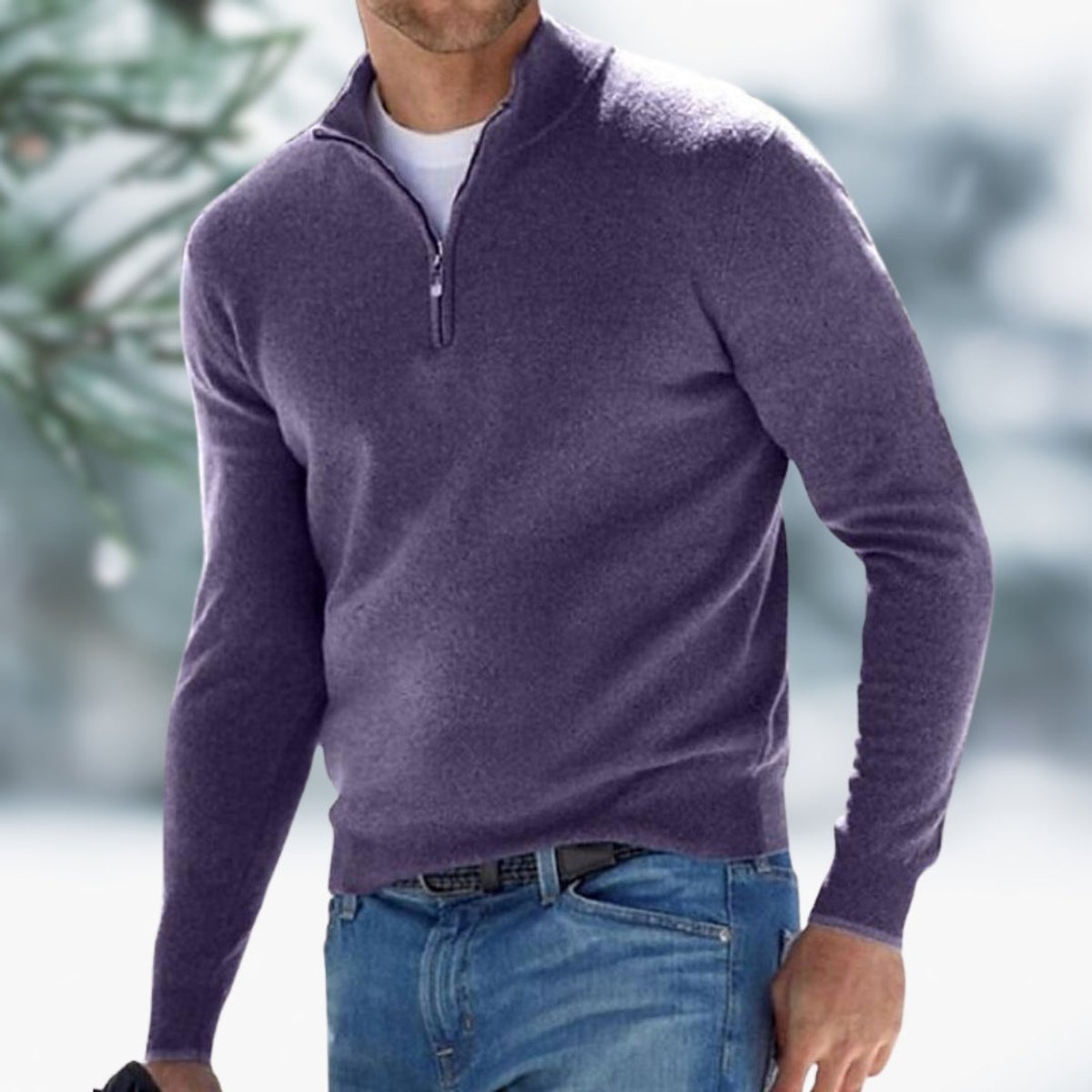 Pull col montant avec zip quart violet pour homme