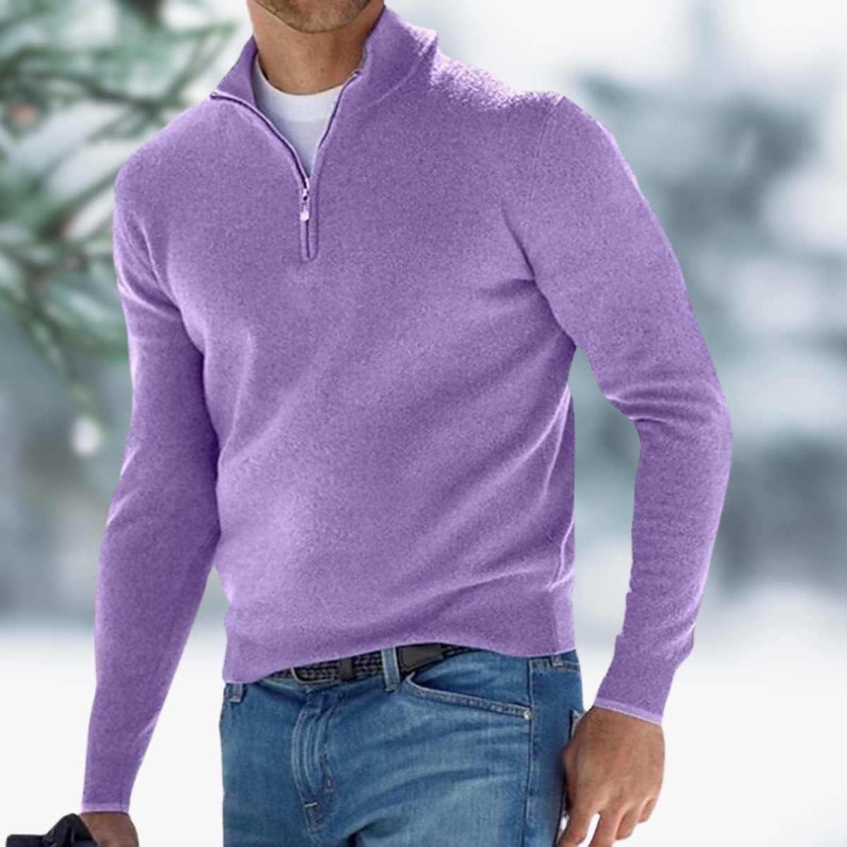 Pull col montant avec zip quart violet clair pour homme