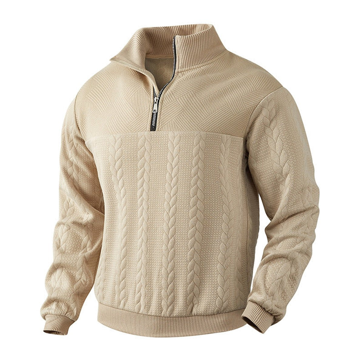Pull col montant demi-zip motif torsades beige pour homme