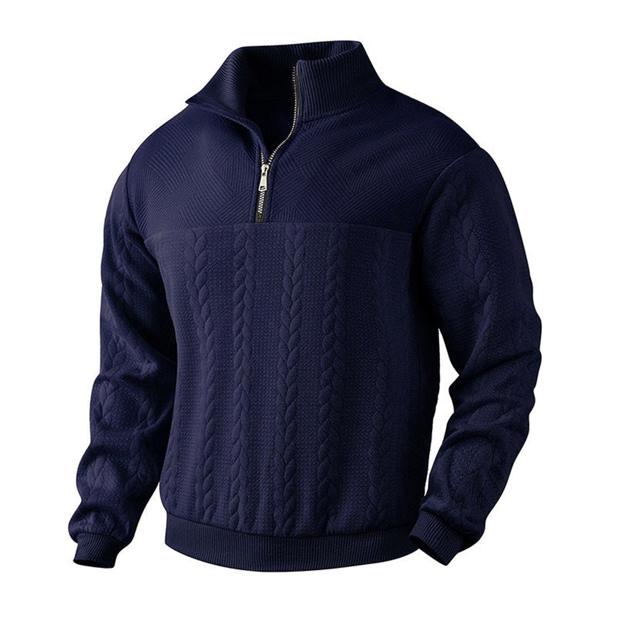 Pull col montant demi-zip motif torsades bleu marine pour homme