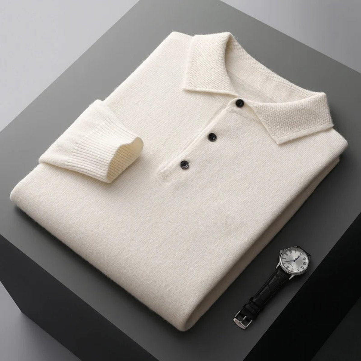Pull col polo boutonné manches longues blanc pour homme