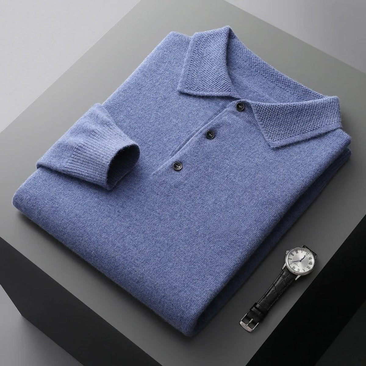 Pull col polo boutonné manches longues bleu pour homme