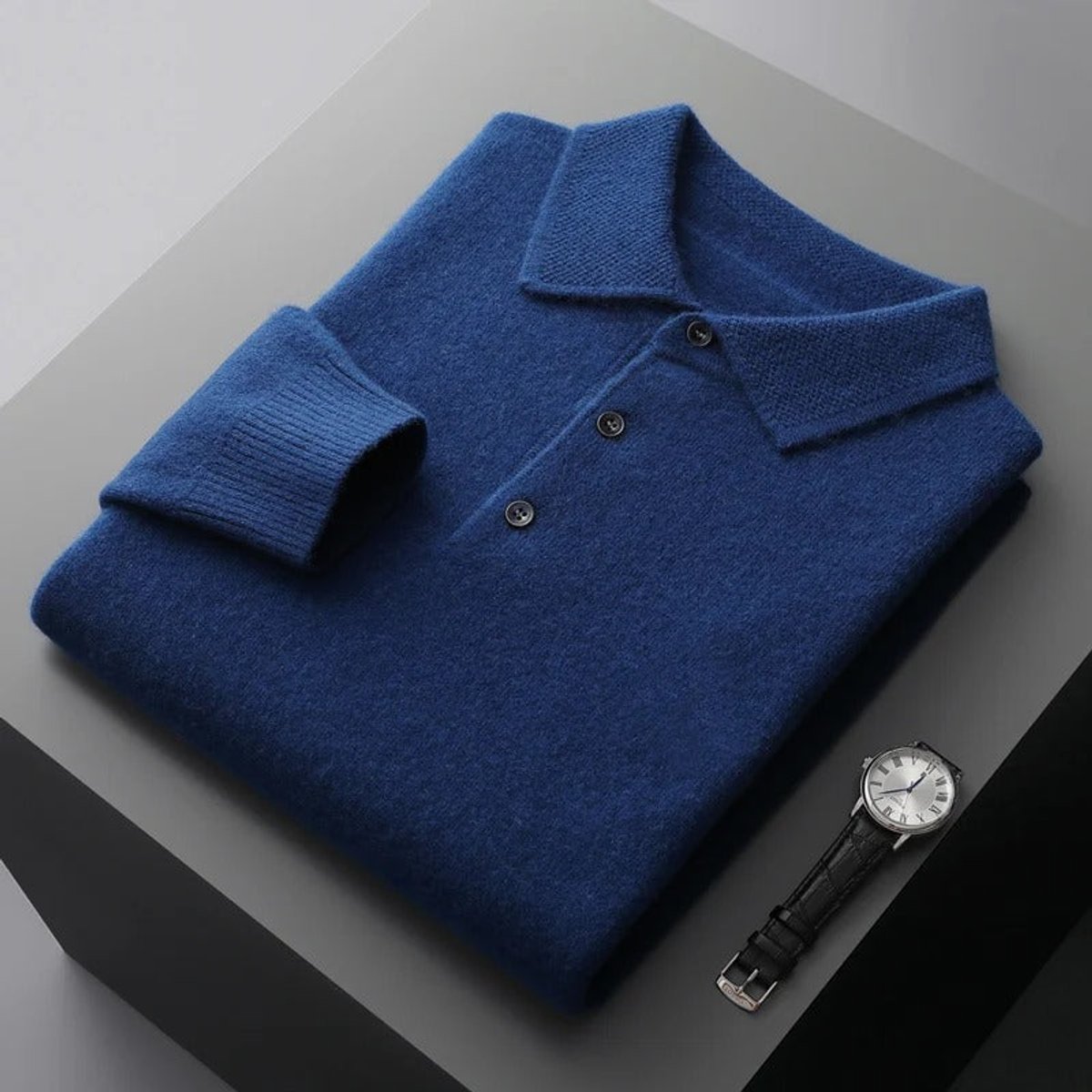 Pull col polo boutonné manches longues bleu marine pour homme