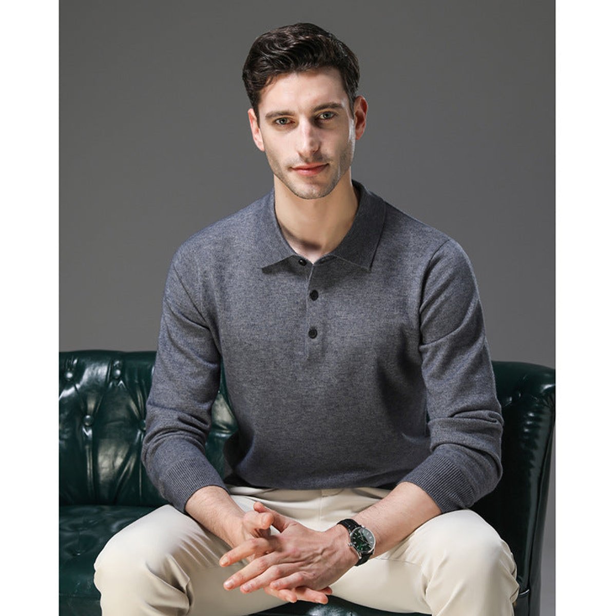 Pull col polo boutonné manches longues pour homme – vue 9