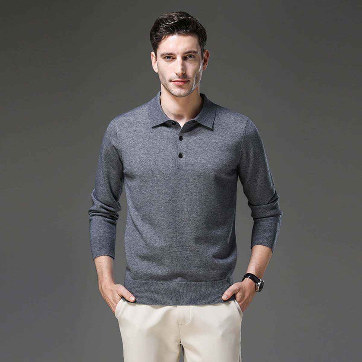 Pull col polo boutonné manches longues pour homme