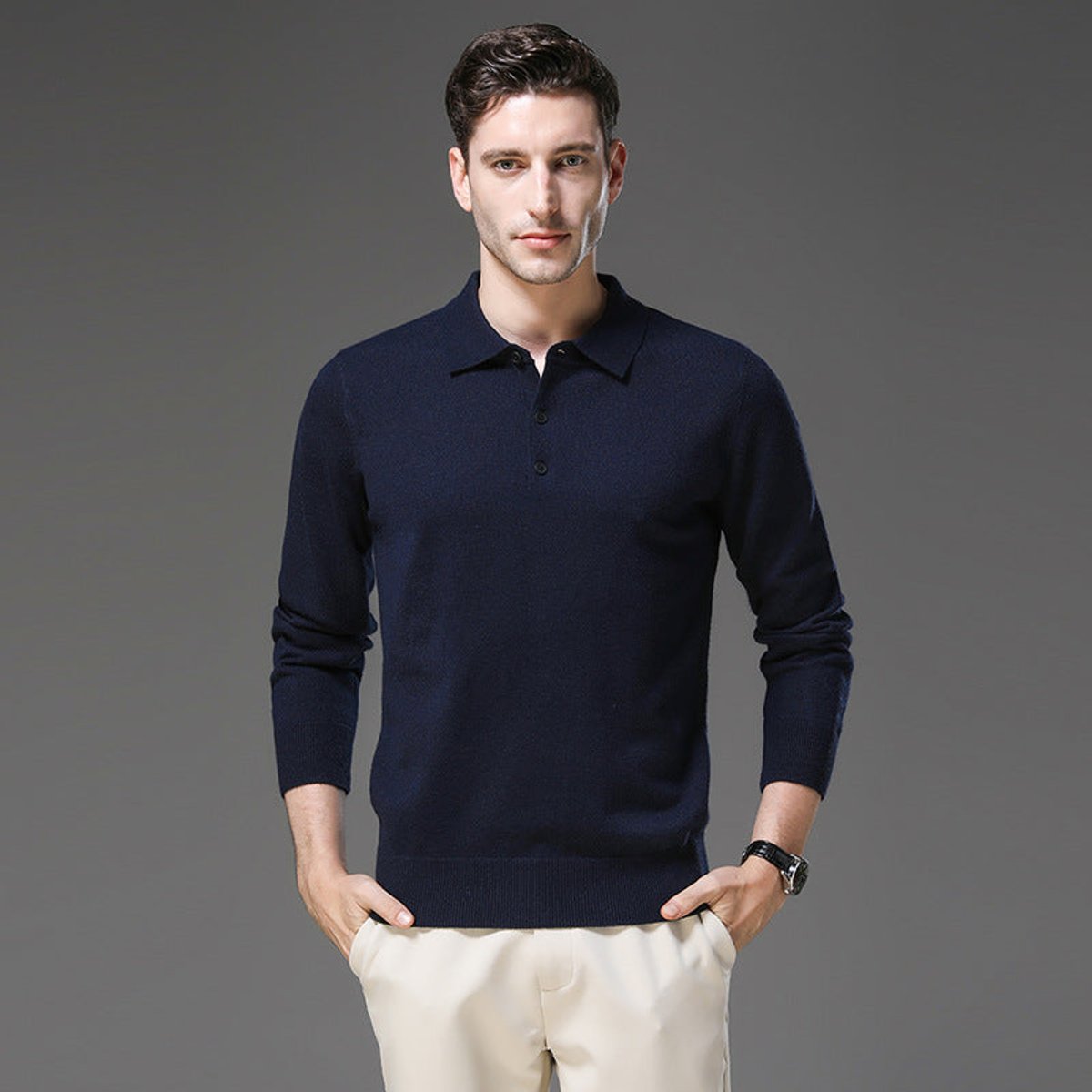 Pull col polo boutonné manches longues pour homme – vue 2