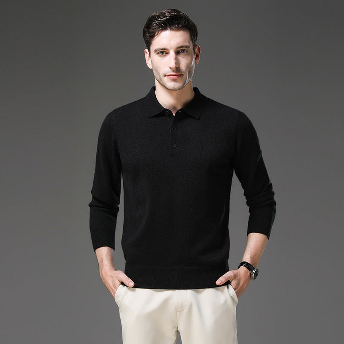 Pull col polo boutonné manches longues pour homme – vue 3