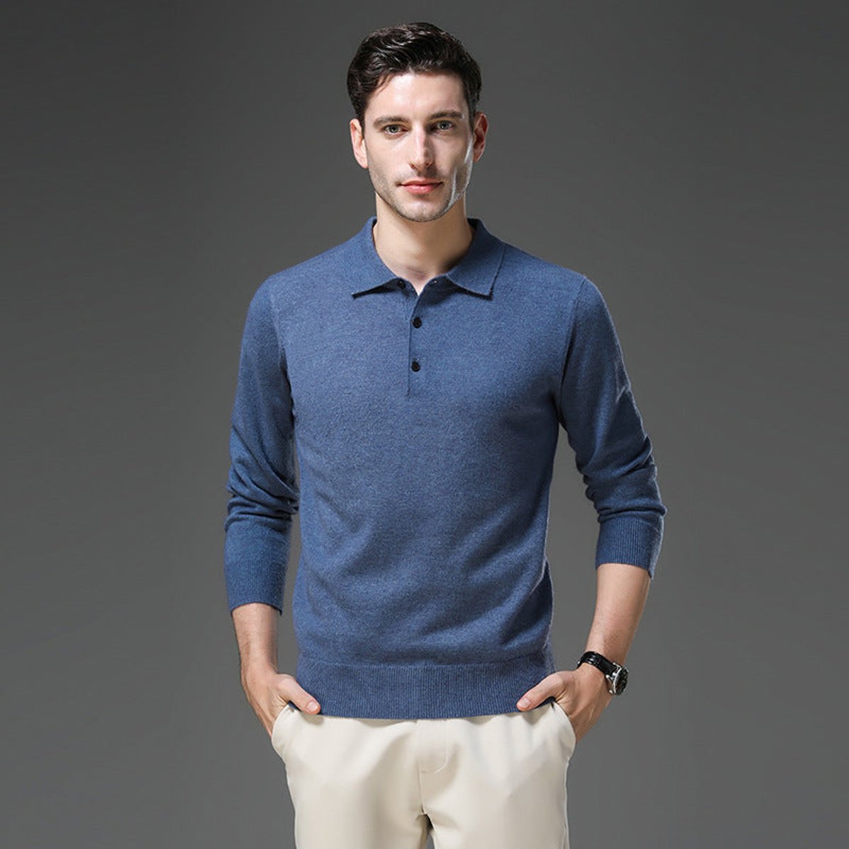 Pull col polo boutonné manches longues pour homme – vue 4