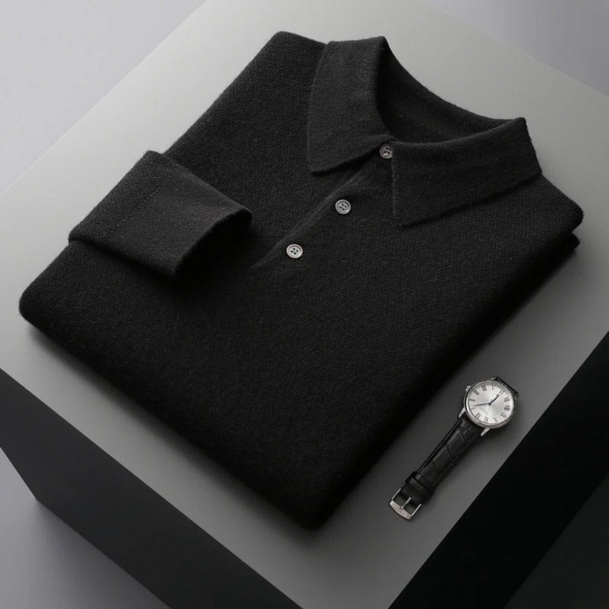 Pull col polo boutonné manches longues noir pour homme