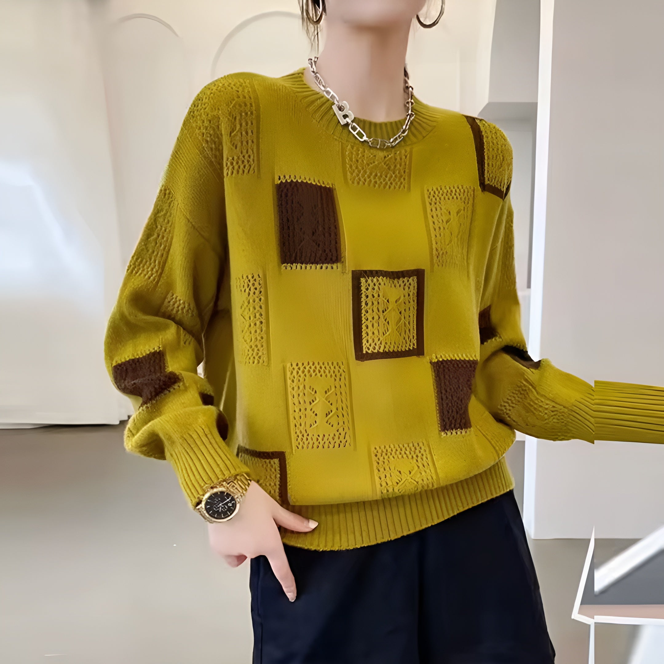 Pull col rond motif graphique bicolore moutarde jaune pour femme