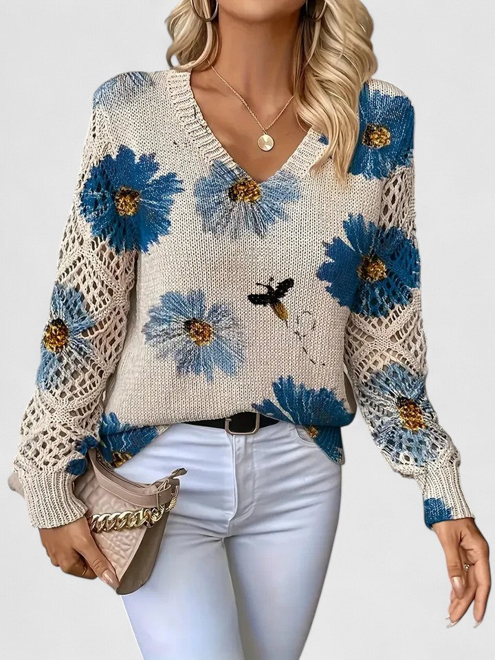 Pull col V à fleurs bleues manches ajourées bleu pour femme