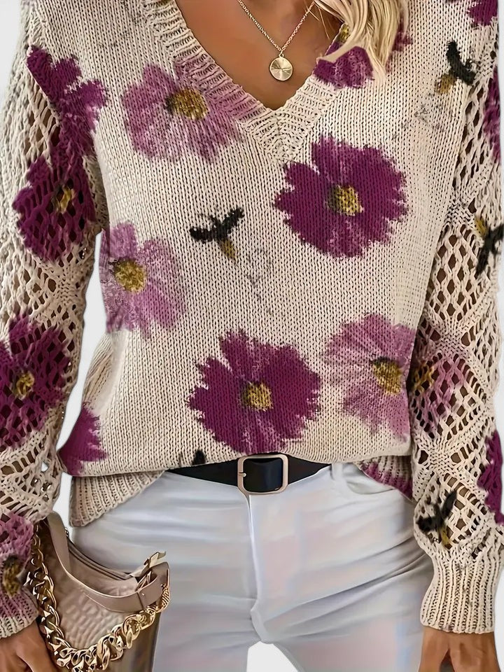 Pull col V à fleurs bleues manches ajourées pour femme