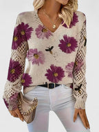 Pull col V à fleurs bleues manches ajourées pour femme – vue 2