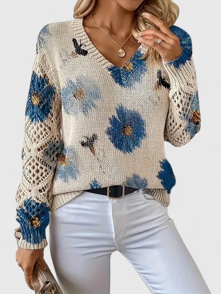 Pull col V à fleurs bleues manches ajourées pour femme – vue 3