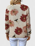 Pull col V à fleurs bleues manches ajourées pour femme – vue 4