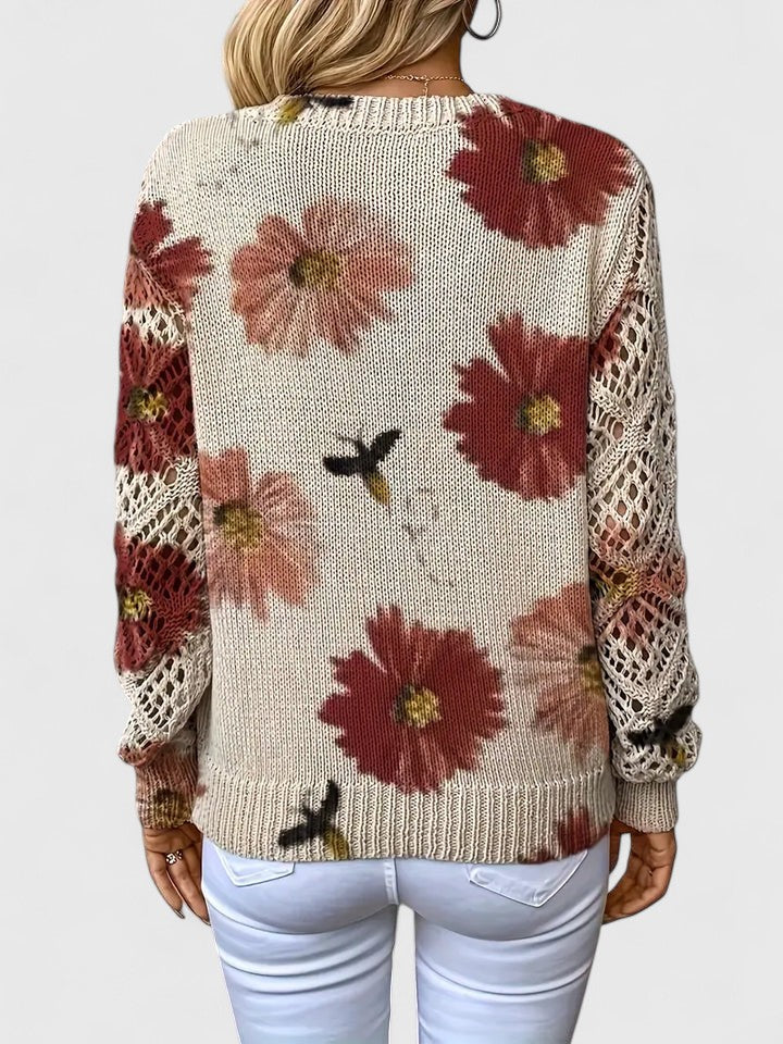 Pull col V à fleurs bleues manches ajourées pour femme – vue 4