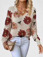 Pull col V à fleurs bleues manches ajourées rouge pour femme