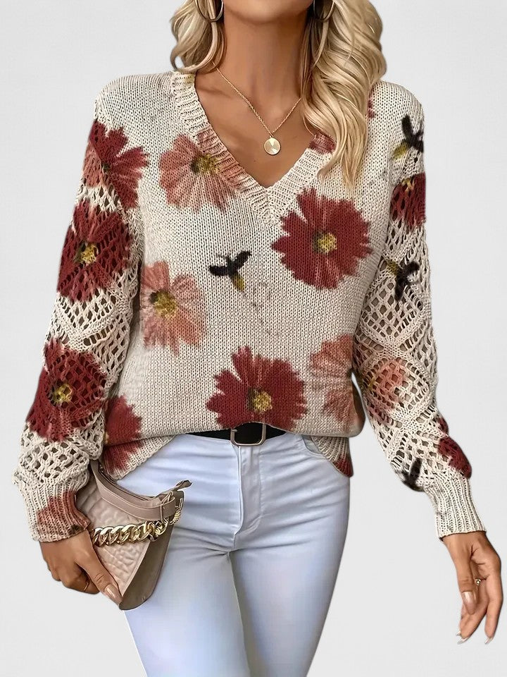 Pull col V à fleurs bleues manches ajourées rouge pour femme