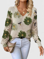 Pull col V à fleurs bleues manches ajourées vert pour femme