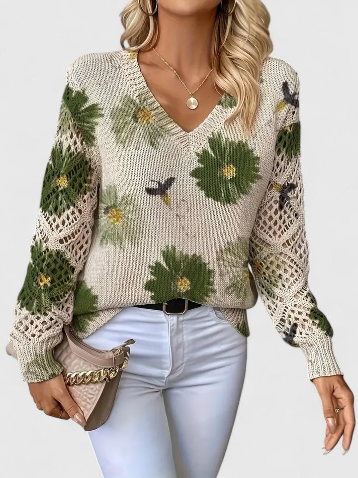 Pull col V à fleurs bleues manches ajourées vert pour femme