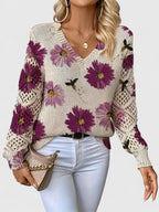 Pull col V à fleurs bleues manches ajourées violet pour femme