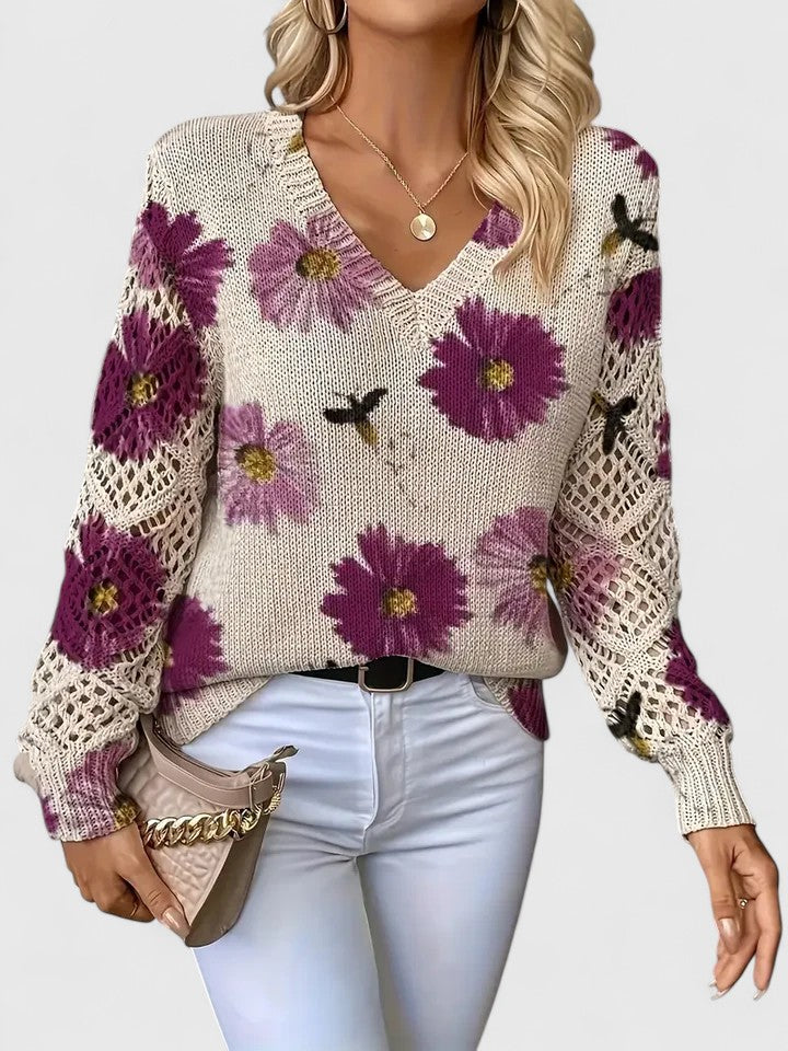 Pull col V à fleurs bleues manches ajourées violet pour femme