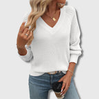 Pull col V manches ajourées blanc pour femme