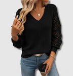 Pull col V manches ajourées noir pour femme