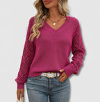 Pull col V manches ajourées rose bonbon pour femme