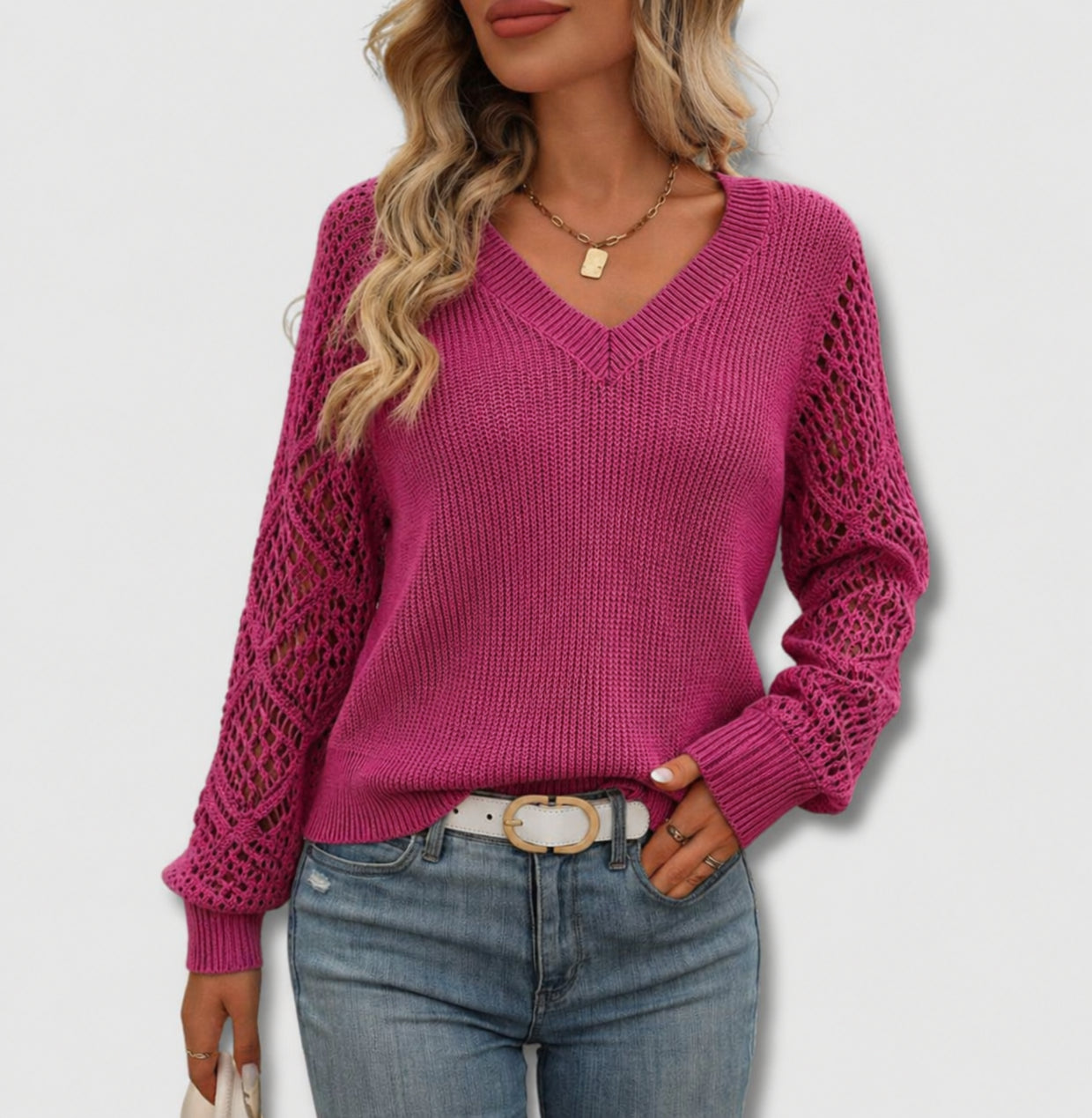 Pull col V manches ajourées rose bonbon pour femme