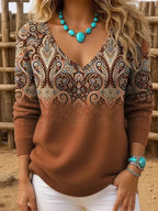 Pull col V motif paisley marron pour femme