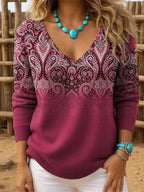 Pull col V motif paisley rouge pour femme
