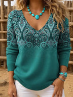 Pull col V motif paisley turquoise pour femme