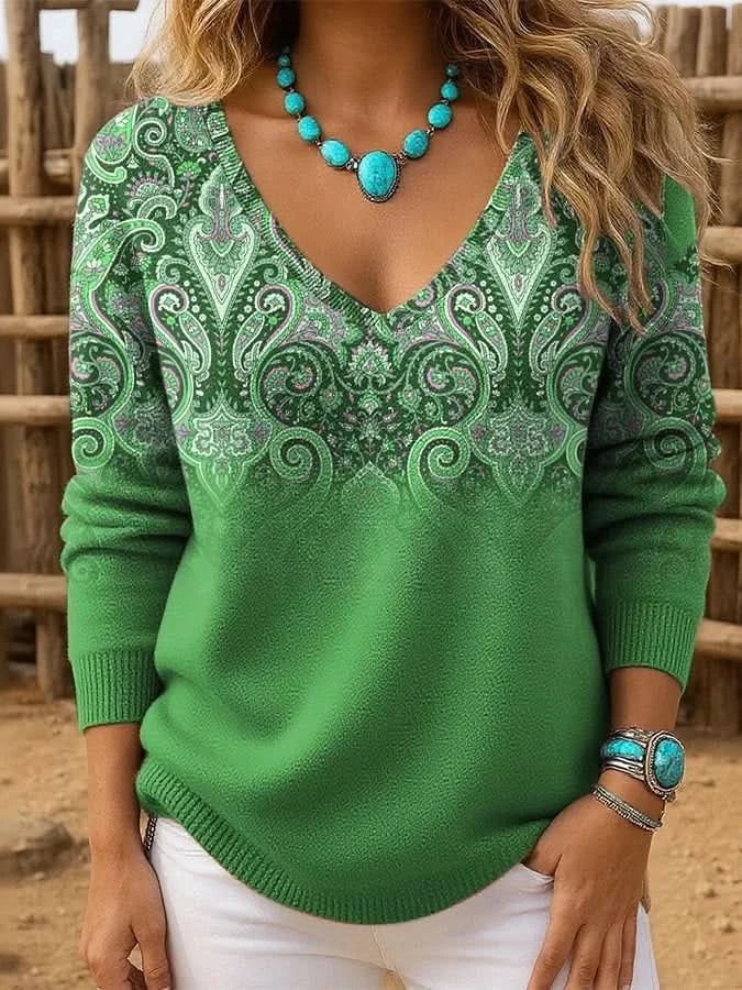 Pull col V motif paisley vert pour femme