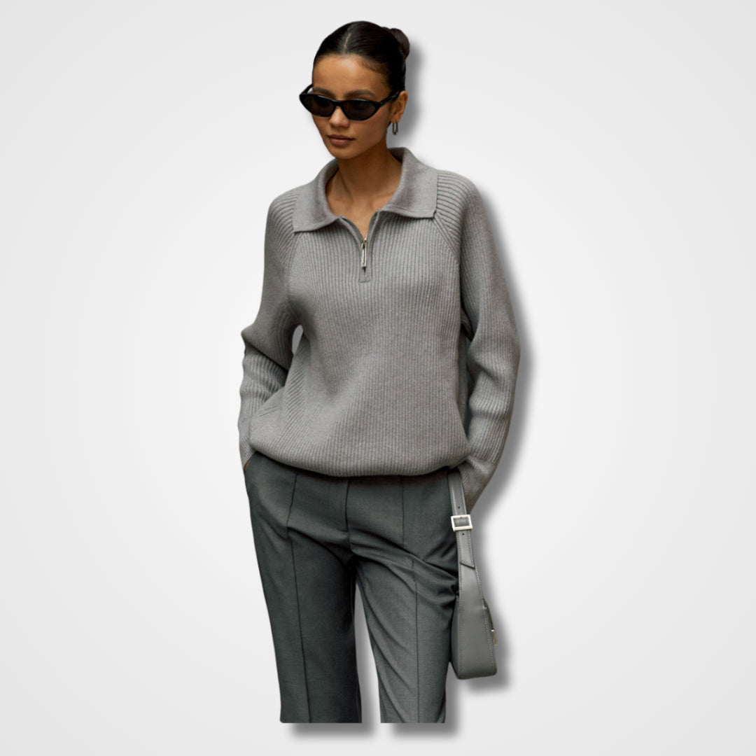 Pull côtelé col zippé ajustable pour femme