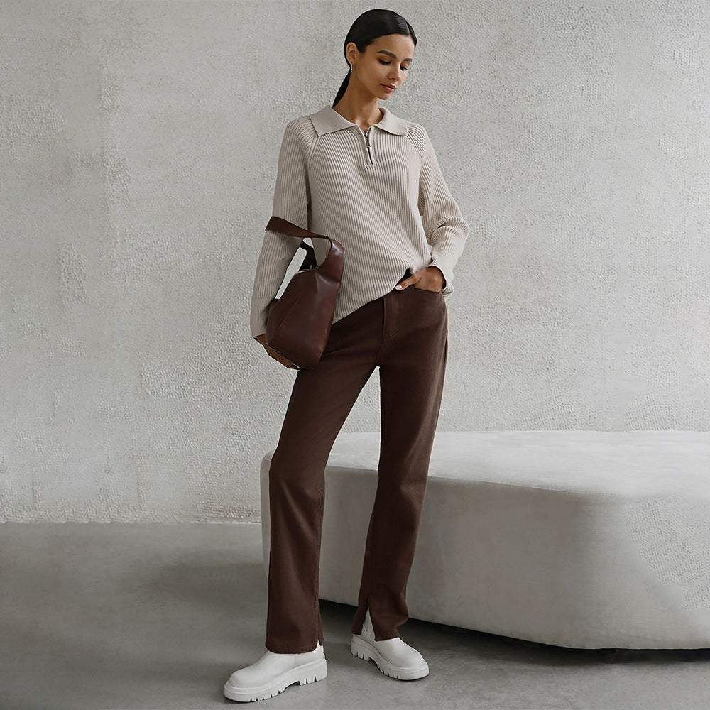 Pull côtelé col zippé ajustable pour femme – vue 4