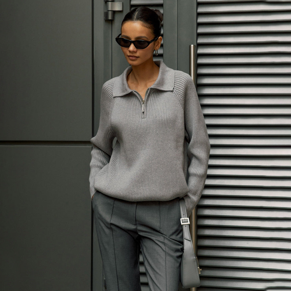 Pull côtelé col zippé ajustable gris pour femme