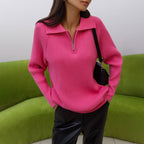 Pull côtelé col zippé ajustable rose bonbon pour femme