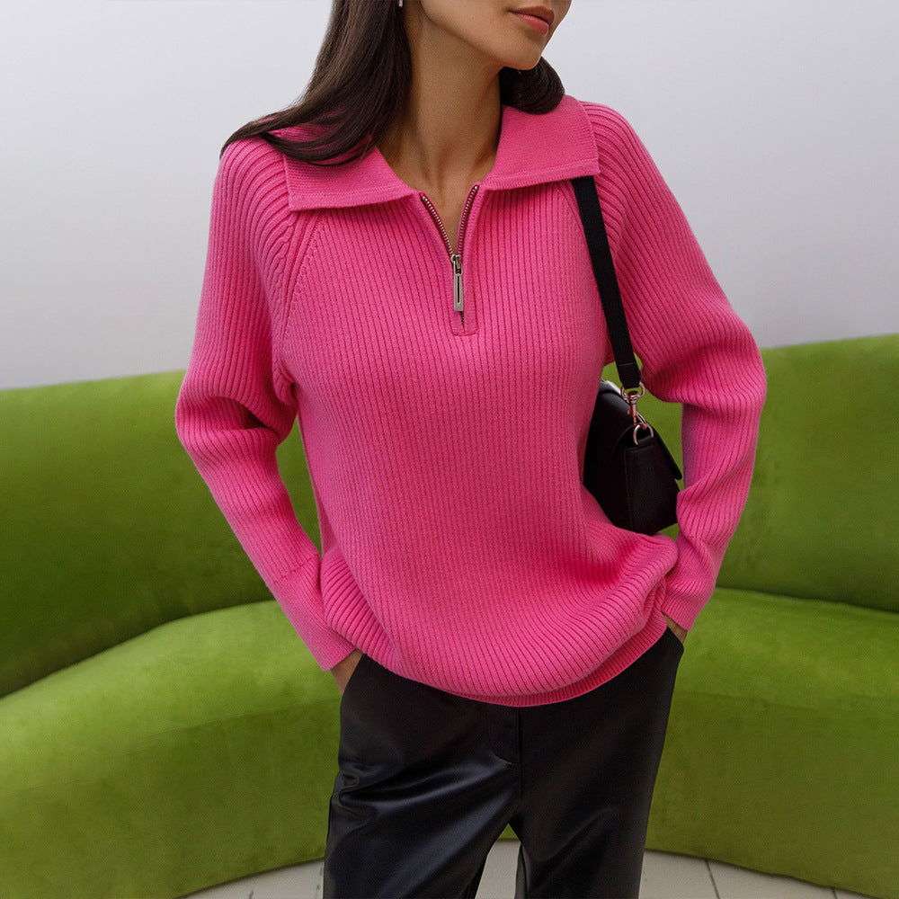 Pull côtelé col zippé ajustable rose bonbon pour femme