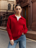 Pull côtelé col zippé ajustable rouge pour femme