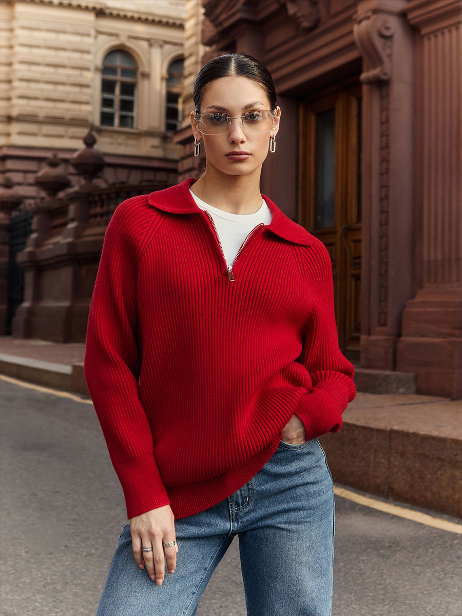Pull côtelé col zippé ajustable rouge pour femme