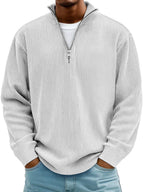 Pull côtelé demi-zip col montant blanc pour homme